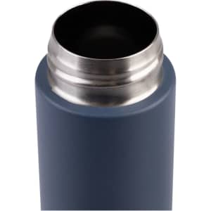 A drink bottle in a dark blue colour with a stainless steel opening and a matte finish. It features a logo.