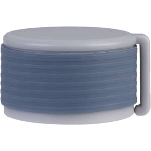 A drink bottle with a grey lid and a blue insulated band around the middle, featuring a carrying handle.