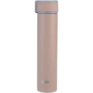A drink bottle in a light brown shade, featuring a sleek design and a silver cap. It has a branding logo.