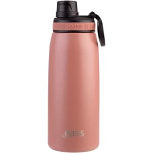 A drink bottle in a soft pink hue with a black screw cap and carry handle, featuring a branding logo.
