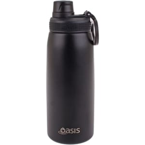 A drink bottle in matte black with a screw cap and a carry loop, featuring a logo.