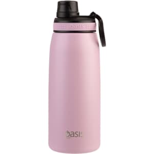 A drink bottle in a soft pink shade with a screw cap and a black lid, featuring a logo.