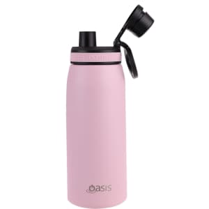 A drink bottle in soft pink with a black screw cap and a logo on the side.