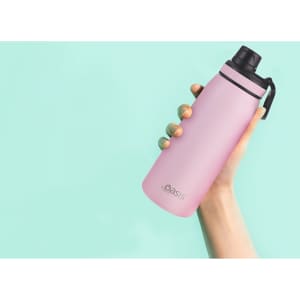 A drink bottle in a sleek pink colour, featuring a screw cap and a brand logo.
