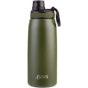 A drink bottle in olive green with a vacuum seal and a screw cap, featuring a logo on the front.