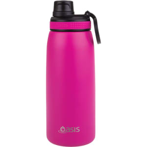 A drink bottle in vibrant pink with a vacuum-sealed design and a screw cap, featuring a logo.