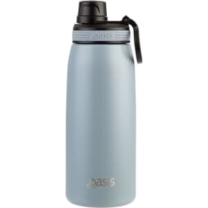 A drink bottle in a light blue colour, featuring a screw cap and a brand logo on the side.
