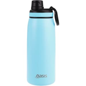 A drink bottle in light blue, featuring a screw cap and a logo on the front.