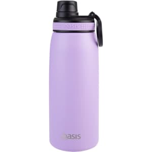 A drink bottle in a pastel purple shade with a black screw cap and a logo on the body.