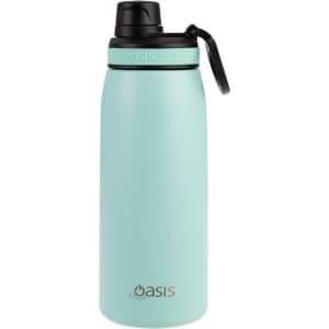 A drink bottle in mint green with a black screw cap and a logo on the body.