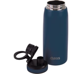 A drink bottle with a sleek navy blue finish, featuring a black screw cap and an attached lid. It has a logo.