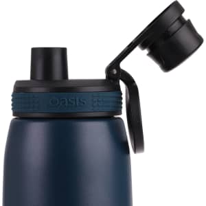 A drink bottle in navy blue with a screw cap and a black flip-top spout, featuring a logo.