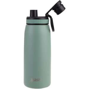 A drink bottle in matte green with a screw cap and a flip-top spout, featuring a logo.