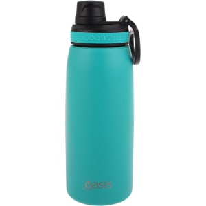 A drink bottle in a teal colour with a screw cap and a carrying handle. It features a logo.