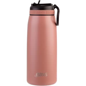 A drink bottle in soft pink with a black spout and handle, featuring a logo on the front.