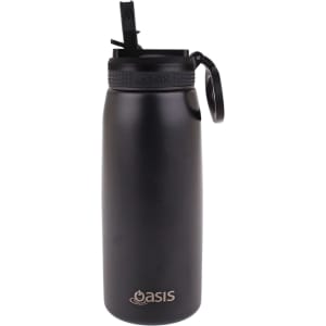 A drink bottle in matte black with a spout and a carrying handle, featuring a logo on the side.