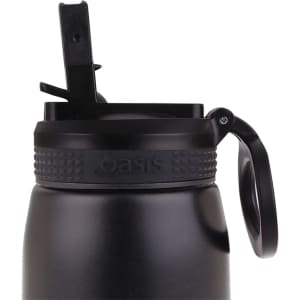 A drink bottle with a black finish, featuring a spout and a handle, and a logo on the body.