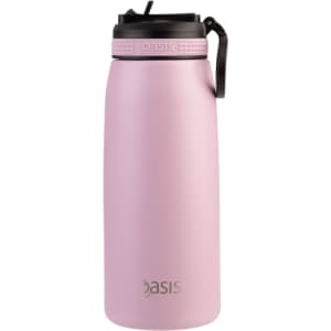 A drink bottle in pink with a black spout and handle, featuring a logo on the front.