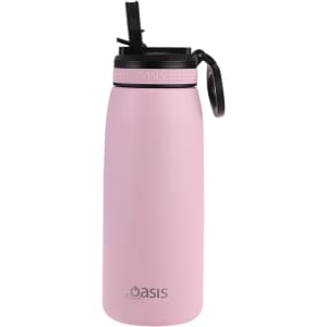 A drink bottle in pink with a black spout and lid, featuring a handle and a logo.