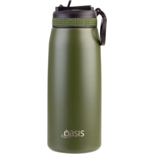 A drink bottle featuring a green matte finish, a spout lid, and a sturdy handle. It has a logo on the front.