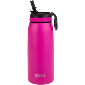 A drink bottle in vibrant pink with a spout top and a handle, featuring a logo on the front.