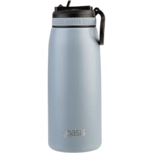 A drink bottle in light blue with a black spout and handle, featuring a logo.