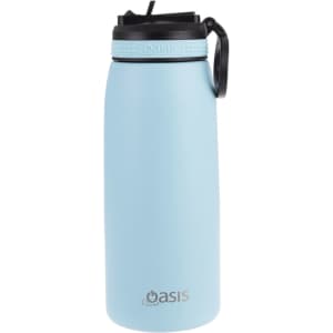 A drink bottle in a light blue colour with a black spout and carry handle, featuring a logo.