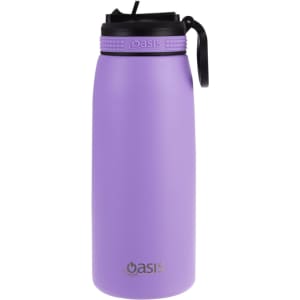 A drink bottle in pastel purple with a black spout and handle, featuring a logo on the front.
