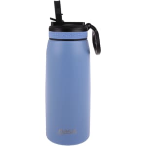A drink bottle in blue with a black spout and handle, featuring a logo on the side.