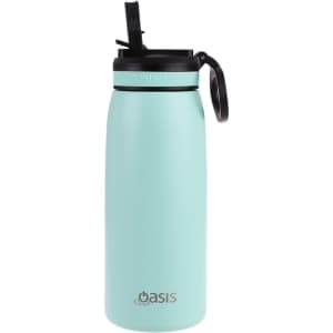 A drink bottle in light blue with a black spout and handle, featuring a simple branding logo.