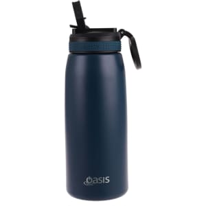 A drink bottle in navy blue with a black spout lid and a contoured body. Features a logo on the front.