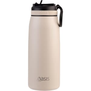 A drink bottle in a light beige colour with a black lid and a handle, featuring a logo. Ideal for hydration on the go.