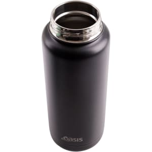 A drink bottle with a matte black finish, featuring a stainless steel opening and an embossed logo on the bottom.