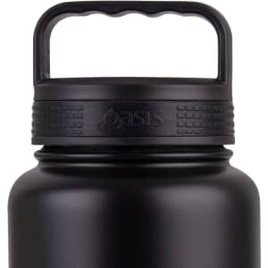 A drink bottle with a black finish, featuring a sturdy handle and a textured grip around the lid. It has a logo.