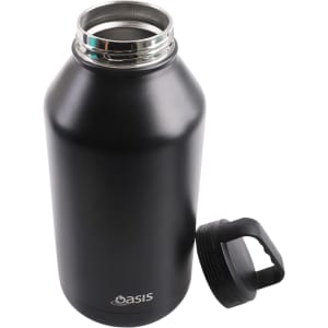 A drink bottle in matte black with a stainless steel opening and a removable lid, featuring a logo.