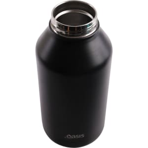 A drink bottle in matte black with a stainless steel neck, featuring a logo on the base.