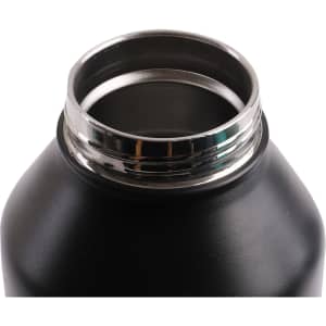 A drink bottle with a black matte finish, featuring a stainless steel rim at the opening. It has a logo on the body.