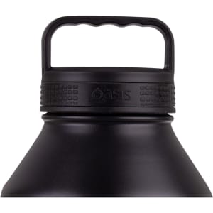 A drink bottle with a black matte finish and a sturdy carrying handle, featuring a branded section.