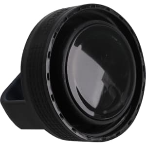 A drink bottle cap in black plastic with a smooth, rounded top and a textured grip around the edge.