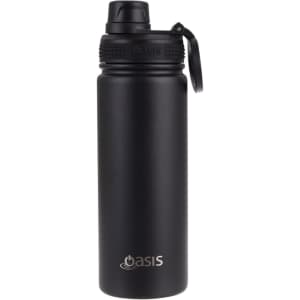 A drink bottle in matte black with a screw cap and a logo, designed for sports and outdoor use.