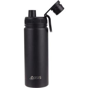 A drink bottle in matte black with a screw cap and a removable lid featuring a logo.