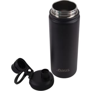 A drink bottle in matte black, featuring a screw cap and a removable lid with a spout. It has a logo on it.