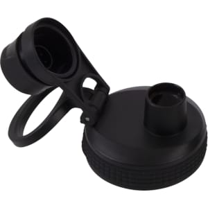 A drink bottle cap and spout in black, featuring a screw cap design and a handle for easy carrying.
