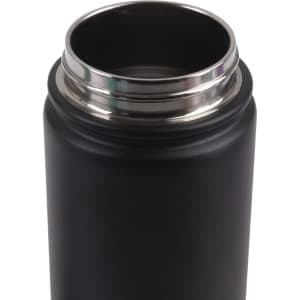 A drink bottle with a sleek black exterior and a stainless steel screw cap, featuring a logo on the side.