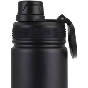 A drink bottle in matte black with a screw cap and a handle, featuring a logo on the side.