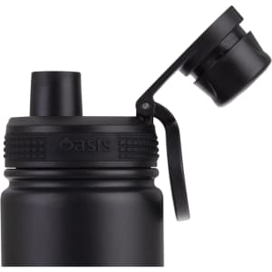 A drink bottle in black with a screw cap and flip top, featuring a handle and a logo.