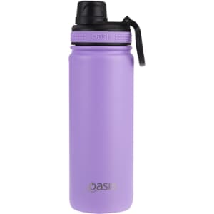 A drink bottle in lavender with a black screw cap and a carry handle, featuring a logo.