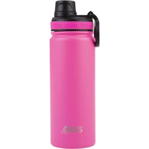 A drink bottle in vibrant pink with a screw cap and a branded logo, featuring a sleek design.