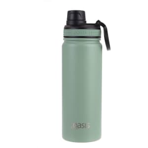 A drink bottle in a matte green finish with a screw cap and a strap, featuring a logo.