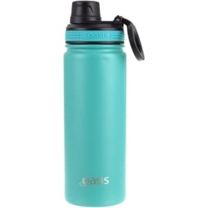 A drink bottle in teal with a screw cap lid and a logo, designed for sports use.